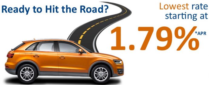 Ready to hit the road?  New or Refinanced Auto Loan Rate starting at 1.79% Annual Percentage Yield.  Click to learn more.